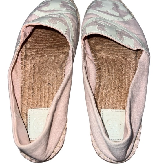 Tory Burch Pale Pink Canvas White Patent Leather Espadrilles Jute Sole Size 11 - Picture 2 of 8